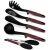 Berlinger Haus Leonardo 5-piece kitchen utensil set, burgundy. Includes ladle, skimmer, spaghetti server, slotted spoon, and tongs.