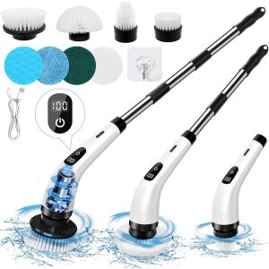 Perie Electrica Rotativa pentru Curatare Bucatarie, Baie, Pardoseala, Geamuri, Masina, 8 Capete, Autonomie 90 de Minute, 400 RPM, 2 Viteze, Maner Extensibil de 111 cm, Reincarcabila USB, Alum