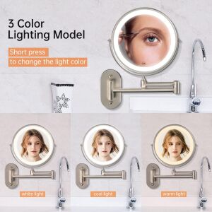 Oglinda Cosmetica pentru Machiaj Premium, Iluminare LED cu Reglare Intesitate si 3 Culori, Brat Extensibil, Fata Dubla cu Zoom X1 si 10X, Diametru 20 cm, Cablu USB Inclus, Nichel Mat