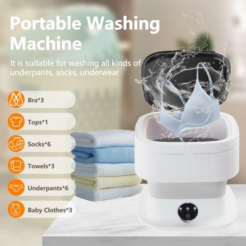 Hordozható mosógép 10L kapacitással, 3 mosási programmal, kék fényű tisztítással, alkalmas alsóneműkhöz, zoknikhoz, baba ruhákhoz, törölközőkhöz és felsőkhöz