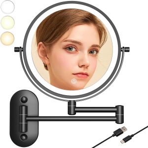 Oglinda Cosmetica pentru Machiaj Premium, Iluminare LED cu Reglare Intesitate si 3 Culori, Brat Extensibil, Fata Dubla cu Zoom X1 si 10X, Diametru 20 cm, Cablu USB Inclus, Negru