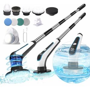 Perie Electrica Rotativa pentru Curatare Bucatarie, Baie, Pardoseala, Geamuri, Masina, 9 Capete, Autonomie 120 de Minute, 400 RPM, 2 Viteze, Maner Extensibil de 111 cm, Reincarcabila USB, Alu