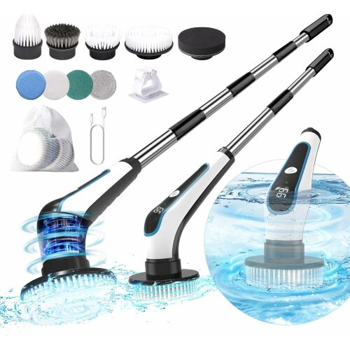 Perie de curățare electrică cu 9 capete interschimbabile, autonomie de 120 de minute, 2 viteze, mâner extensibil, reîncărcabilă prin USB, pentru bucătărie, baie, podea, ferestre, mașină