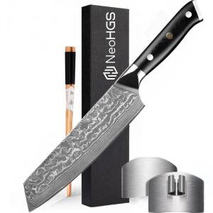 Nóż szefa kuchni Kiritsuke NeoHGS, 66 warstw stali damasceńskiej, HRC 60, ostrze 19,5 cm, z pudełkiem, osłoną na palce i stalą do ostrzenia - Nóż kuchenny