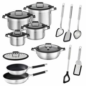Професионален комплект съдове за готвене Rösle, Silence Pro, 13 части, 4 тенджери, тиган за сос, 2 тигана, 5 прибора, множество опции, алуминиев...