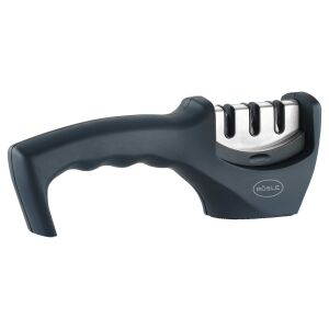 Острилка за ножове Rösle, тристепенно заточване, поддръжка и хоноване, за прави остриета, ъгъл на заточване 20-40°, компактна, ергономична дръжка, лесна за използване, противоплъзгаща основа - Острилка за ножове