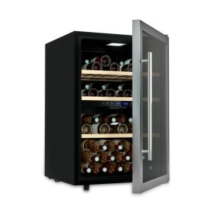 Les Petits Champs CAVCD62 Kétzónás Borhűtő, 62 palackos kapacitás, rozsdamentes acél, fekete és ezüst kivitel, nyitott ajtó nézet - Borhűtő