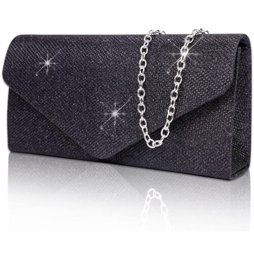 Fekete csillogó estélyi táska lánccal, elülső nézet