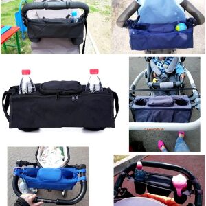 Organizér na kočík s vreckami, čierny, kvalitný nylon, 37x14x13 cm 114002698 - Držiaky na poháre a detské fľaše