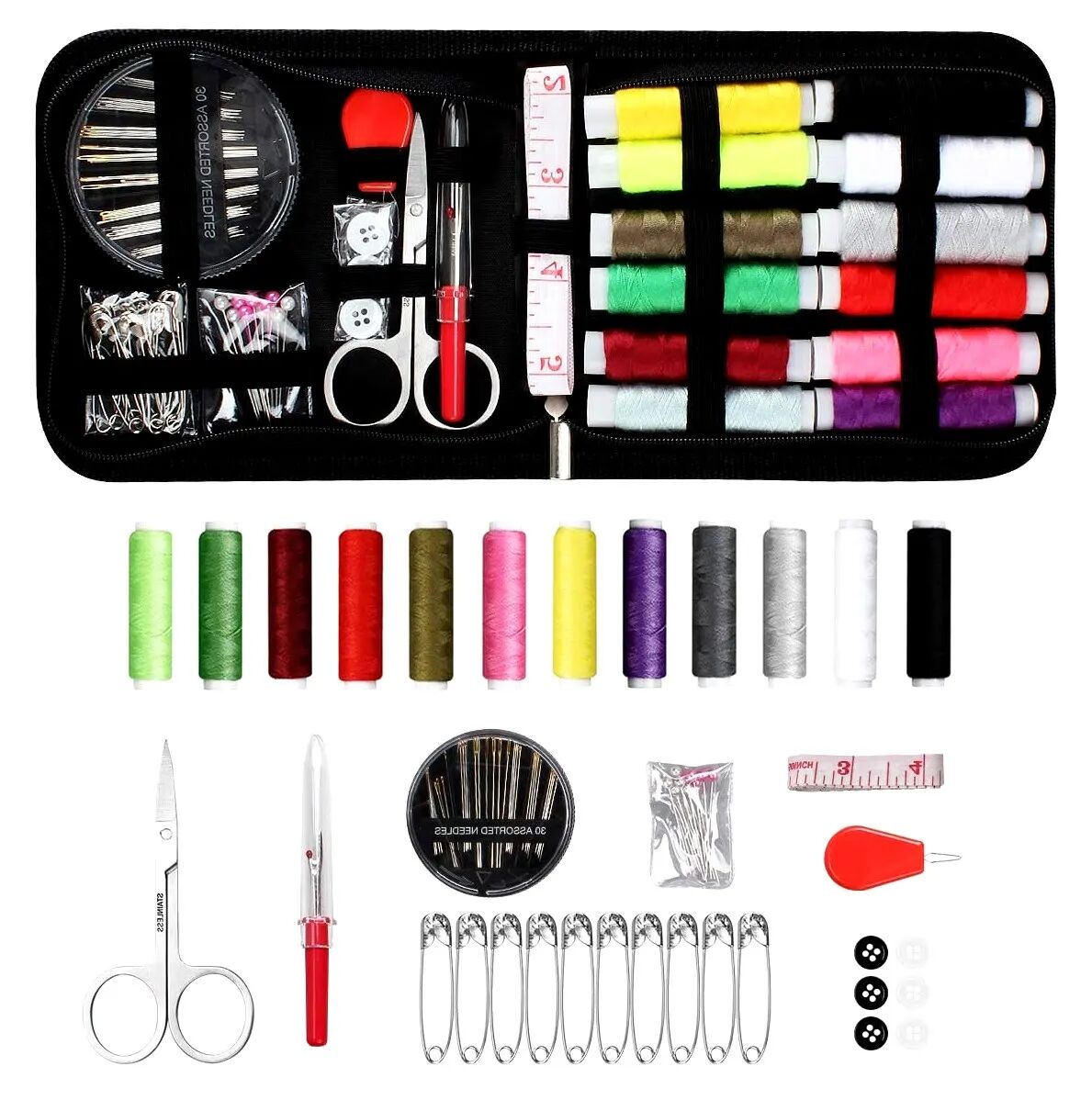 Kompletná šijacia súprava v čiernom puzdre, 14x19x3cm, s farebnými niťami a ihlami