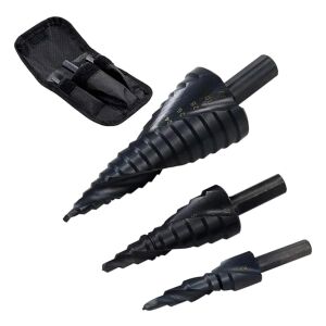 Nagy sebességű acél lépcsőfúrófejek, 3 db, 4-32 mm-es méretek, kúpos spirálok, fekete