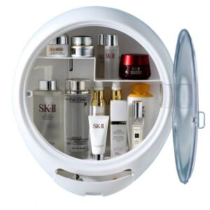 Flamenco Mystique Kozmetikai és Ékszer Szervizáló SZ10B, fehér akril, falra szerelhető, átlátszó ajtóval, különféle kozmetikumok és ékszerek láthatók - Kozmetikai rendszerező