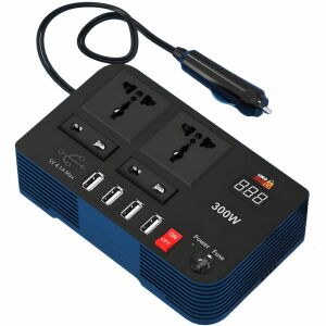 Przenośny samochodowy falownik, Linomag®, 12 V DC na 220 V AC, 300 W, Wyświetlacz cyfrowy, Wtyki uniwersalne EU/UK/USA/AU, USB 4.1A, Ochrona przeciwprzepięciowa, Czarny 114007447