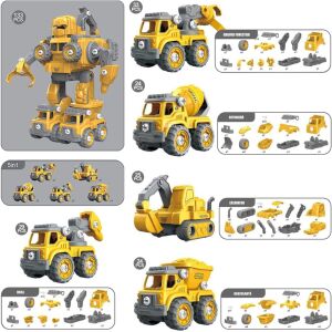 Roboter-Transformator zum Selbermachen in 5 Baumaschinen, Linomag®, Kipper, Betonmischer, Bagger, Forstgreifer, Bohrmaschine, Schraubendreher inklusive, + 3 Jahre, Gelb, 29 x 15,7 x 23 cm