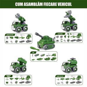 DIY transzformátor robot 5 katonai autóban, Linomag®, tüzérségi jármű, vízágyú, rakétavető, radarrendszer, tartály, csavarhúzó, + 3 év, zöld, 31.5x15.7x21.6cm