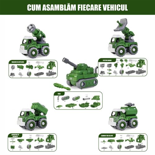 Linomag® DIY transformátorový robot 5 v 1 vojenské vozidlá - Zostavte a rozložte 5 rôznych vojenských vozidiel: delostrelecký nákladný automobil, tank, radarový systém, cisterna s vodným delom a odpaľovač rakiet.  Transformujte sa do robota s výškou 31,5 cm