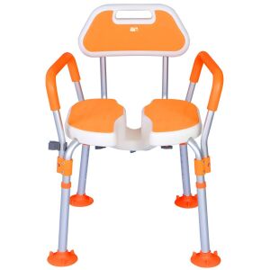 Bade-/Duschstuhl aus Aluminium, Linomag®, höhenverstellbar, Saugnäpfe, Rückenlehne, abnehmbare Griffe, Duschhalterung, multidirektionales Waschen, für ältere Menschen und Behinderte, Orange 114007544 - Badezimmer-Zubehör