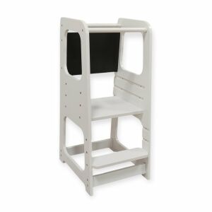 Weißer Montessori-Lernturm mit schwarzer Tafel, Vorderansicht - Kindertische, Stühle, Kinder-Küchenfußbänke, Schreibtisch für Jugendliche und Jugendbetten