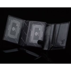 Portofel pentru bărbați Zagatto, din piele neagră, cu protecție RFID, vedere deschisă, arătând sloturile pentru carduri și compartimentul cu fermoar - Portofele pentru bărbați