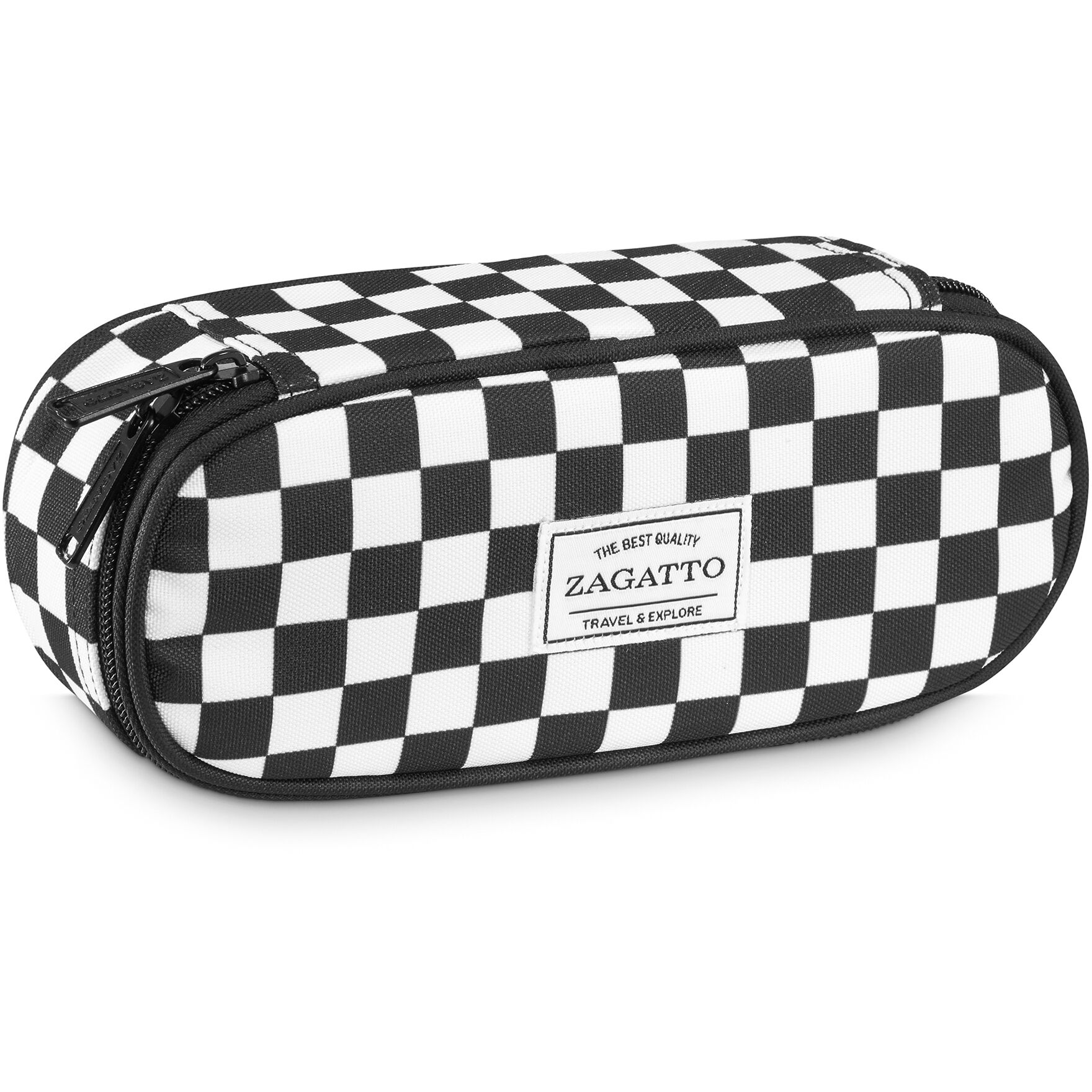Többfunkciós tolltartó, Zagatto®, fekete-fehér, eredeti sakktábla minta, 1 rekeszes, dupla cipzár, vízálló, nejlon/poliészter, 22x9x7 cm, ZG852