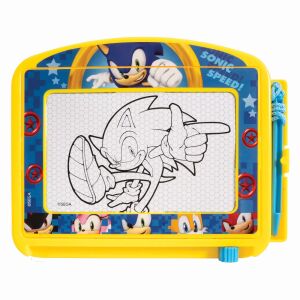 Tablă de desen magnetică Sonic the Hedgehog, galben, albastru, roșu, alb, stele, bloc de desen, stilou magnetic, radieră, jucărie pentru copii - Table de scris si desenat