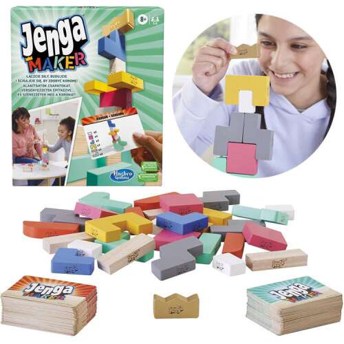 Hasbro Jenga Maker családi logikai játék, szórakoztató és kihívásokkal teli játék a családnak, színes fa kockákkal és kártyákkal, hogy építsenek struktúrákat és versenyezzenek a koronáért