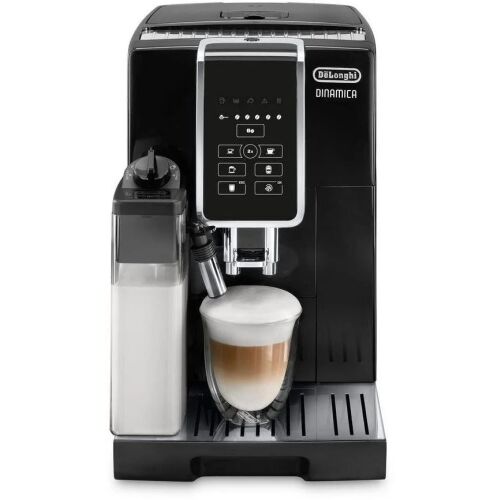 DeLonghi Dinamica ECAM 350.50.B automata kávéfőző, fekete, egy csésze cappuccinoval