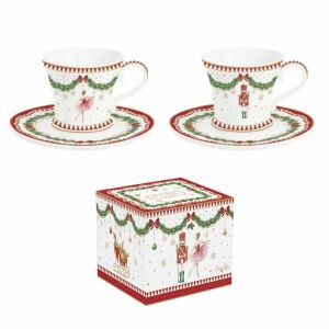 Karácsonyi porcelán eszpresszó kávéscsésze aljjal - 2 személyes díszdobozban - Magie De Noel