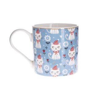 Világoskék karácsonyi cica bögre, 400 ml, porcelán, cuki cicákkal, akik Mikulás sapkát viselnek - Dakls