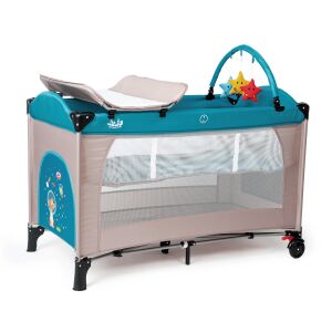 Juju Sleepy Baby utazó kiságy Space Doggy mintával, kék és bézs színben, két szinttel, pelenkázó asztallal, játékívessel és kerekekkel - Utazóágy és Kiegészítői