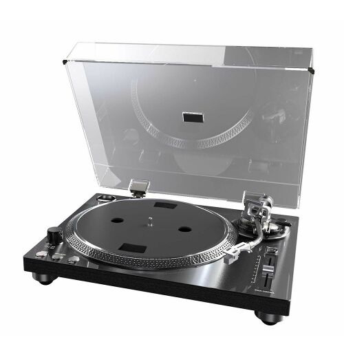 Aiwa APX-1200BT/BK turntable with dust cover open, showing the platter, tonearm, and controls