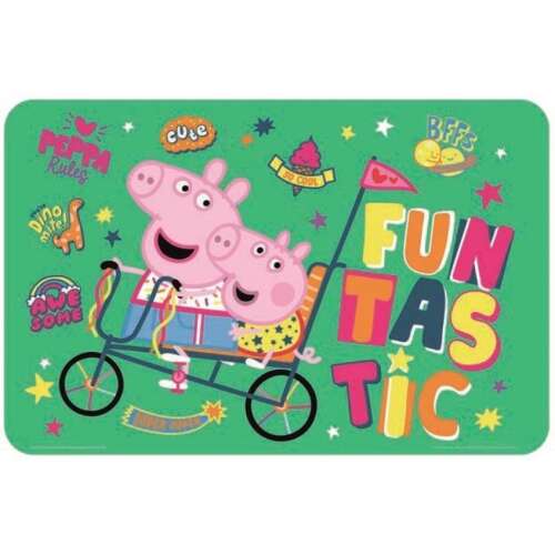 Peppa Pig placemat with Peppa and George on a bike, green background