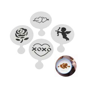 Cappuccino and cake decorating stencils, set of 4 plastic stencils with rose, heart, angel, xoxo designs - Kitchen tool