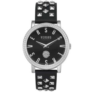 Ceas pentru femei Versus Versace Marion cu curea din piele neagră și nituri argintii, vedere din față - Accesorii pentru femei