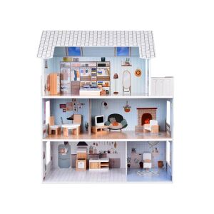 Fa babaház 3 emelettel, 5 szobával és bútorokkal, beleértve a konyhát, fürdőszobát, nappalit, étkezőt és hálószobát - Babaház