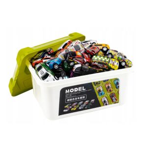 50 darabos játék autó szett tároló dobozban, tökéletes a versenyzés kis szerelmeseinek - Lean Toys