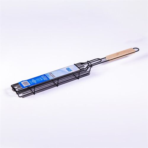 IRIS KT-204 BBQ hosszú grillkosár 25cm x 4.5 cm, tapadásmentes fém, fa fogantyú, grill szerszám, grillező kiegészítő - Grill eszköz