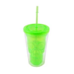 Zöld koponya alakú műanyag pohár szalmával, Halloweeni parti italpohár - Műanyag pohár