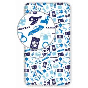 Cearșaf cu elastic pentru copii cu tematică polițistă, 90x200 cm, model albastru și alb cu mașină de poliție, cătușe, sirenă și alte simboluri - Cearsafuri