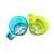 Green and blue plastic powder sugar shakers with handle, on white background