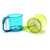 Green and blue plastic powder sugar shakers with handle, on white background