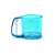 Blue plastic powder sugar shaker with handle, on white background