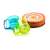 Green and blue plastic powder sugar shakers with handle, on white background