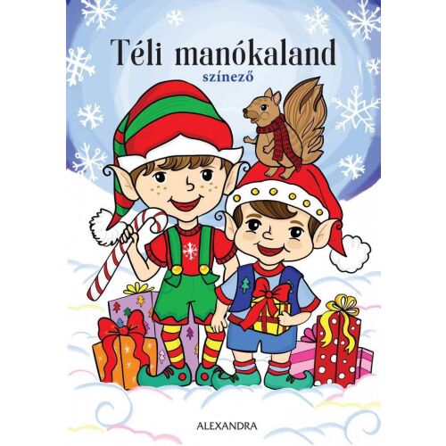 Téli manókaland színezőkönyv borító tündérekkel és ajándékokkal - Kifestő foglalkoztató füzet