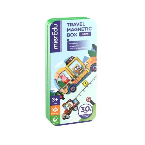 MierEdu Mágneses Utazó Puzzle Doboz Autók, 30 darabos, oktató játék 3+ éves gyerekeknek