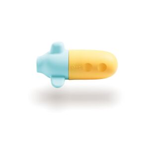 Quut Squeezi tengeralattjáró fürdőjáték, sárga és kék szilikon vízipisztoly fehér háttéren - Quut