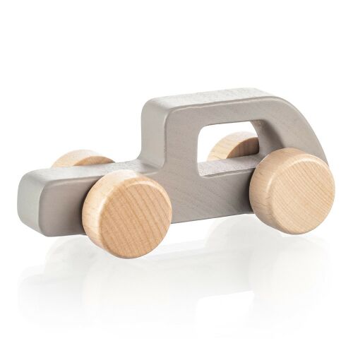 Szögletes nézet a Zopa szürke fa játékautóról