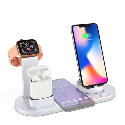 Multifunctional charging station with 6 charging ports, white, for charging smartphones, smartwatches, wireless headphones, and other devices