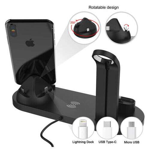 Stație de încărcare multifuncțională cu 6 porturi de încărcare, neagră, pentru încărcarea smartphone-urilor, ceasurilor inteligente, căștilor wireless și a altor dispozitive