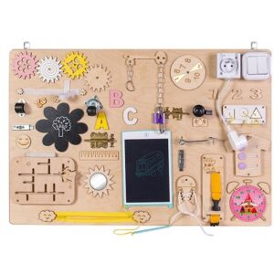 Fa manipulációs tábla kisgyermekeknek, órával, fogaskerekekkel, kapcsolókkal és egyéb tevékenységekkel - Kik